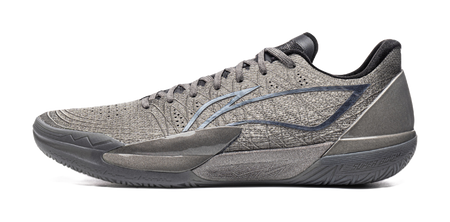 Li-Ning Gamma 2 low basketball shoe in silver, side view with dark laces and sole