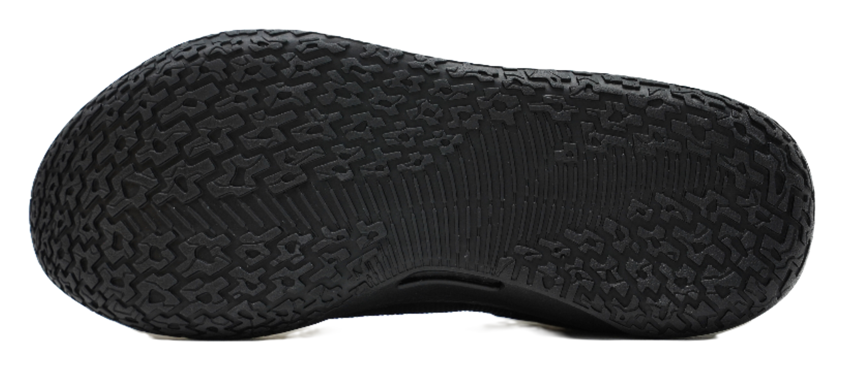 Black rubber basketball shoe outsole with deep tread pattern.