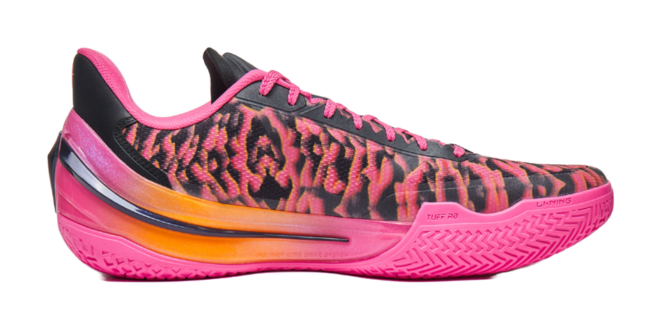 Rose red basketball shoe with black patterned upper, orange outsole stripe