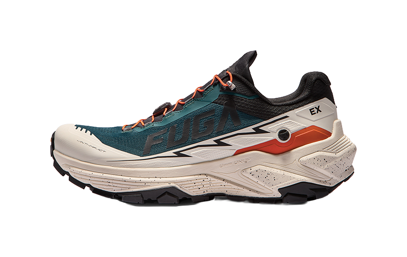 KAILAS FUGA EX3 trail running shoes, teal upper with orange laces and rugged black outsole
