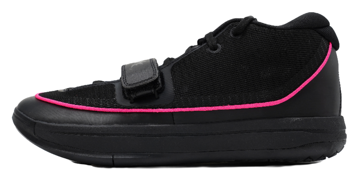 Black high-top basketball shoes with pink trim and hook-and-loop strap