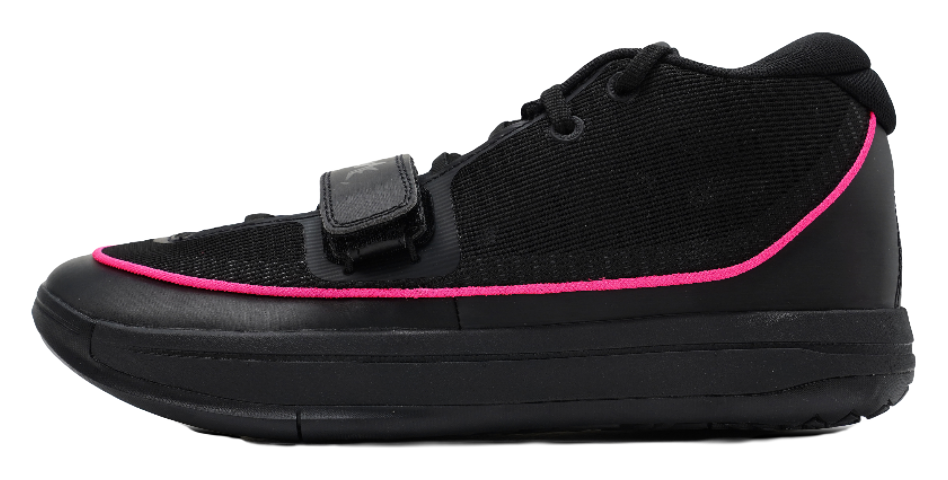 Black high-top basketball shoes with pink trim and hook-and-loop strap