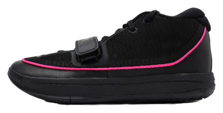Black high-top basketball shoes with pink trim and hook-and-loop strap
