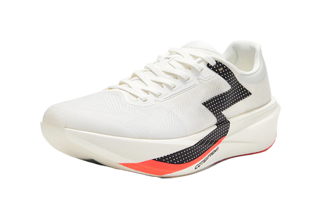 Unisex low running shoe, white lace-up upper with black logo and orange trim