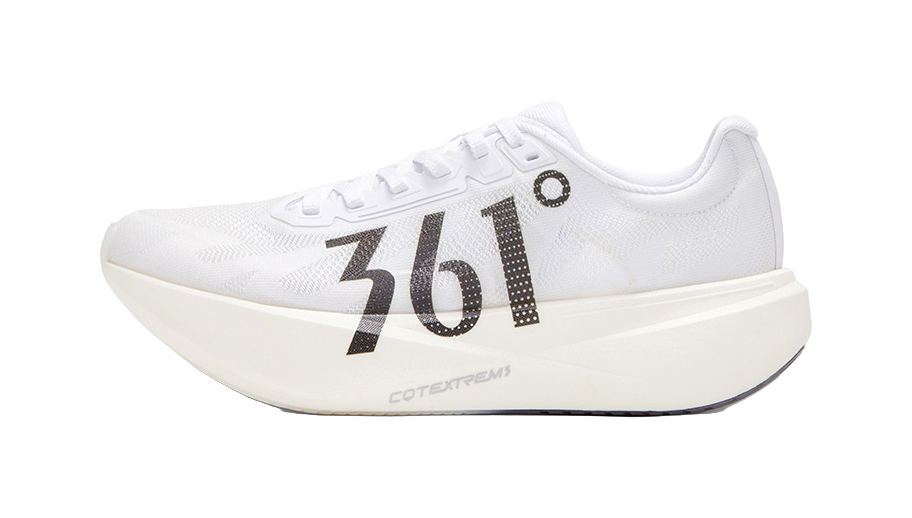 White low running shoe with black 361 flame logo and textured upper
