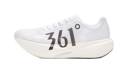 White low running shoe with black 361 flame logo and textured upper