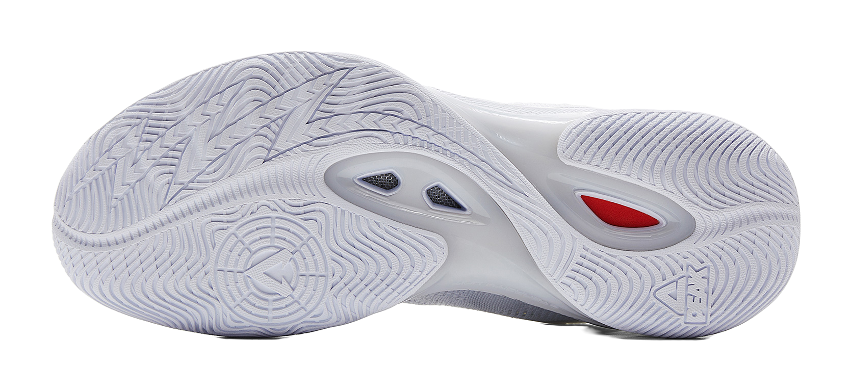 White and silver basketball shoe outsole with traction tread and heel cushioning detail