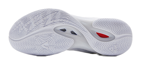 White and silver basketball shoe outsole with traction tread and heel cushioning detail