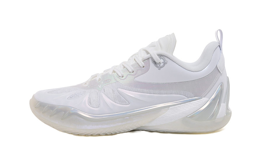 White basketball shoes with lace-up mesh and cushioned sole