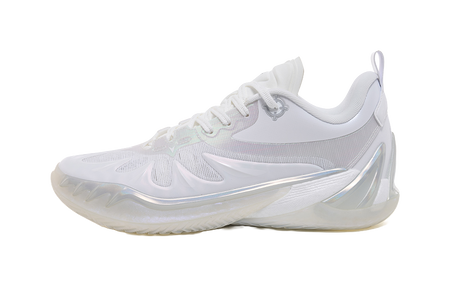 White basketball shoes with lace-up mesh and cushioned sole