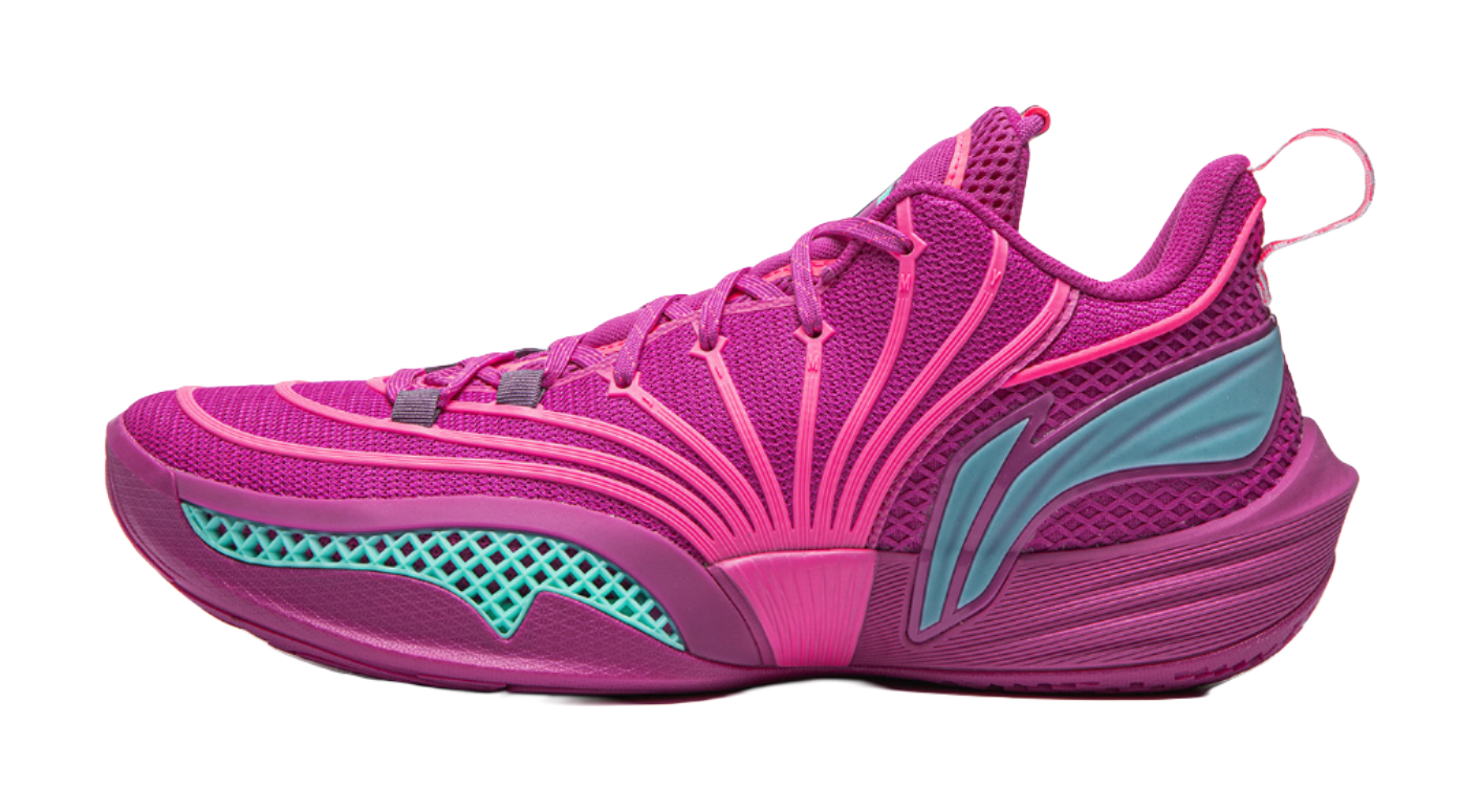 Purple mesh basketball shoe with teal accents, pink laces, textured midsole.