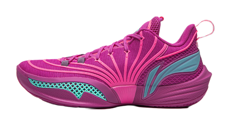 Purple mesh basketball shoe with teal accents, pink laces, textured midsole.