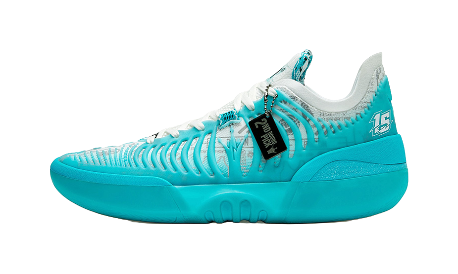 Turquoise low-cut basketball shoe with white laces and textured knit upper