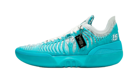 Turquoise low-cut basketball shoe with white laces and textured knit upper
