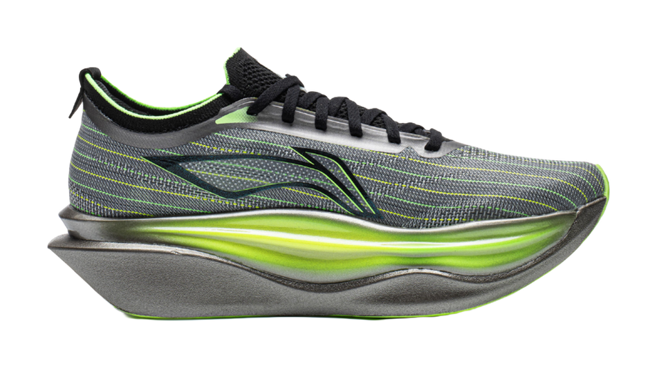 Unisex running shoe in silver-gray knit with neon green piping, black laces and sleek sole