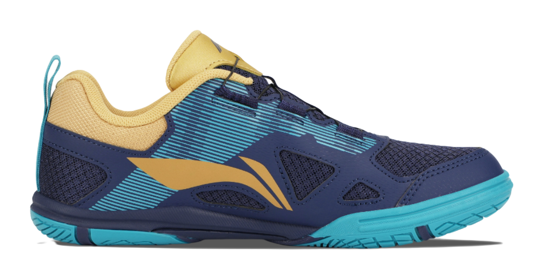 Table tennis shoe side view in dark blue with gold logo and teal outsole