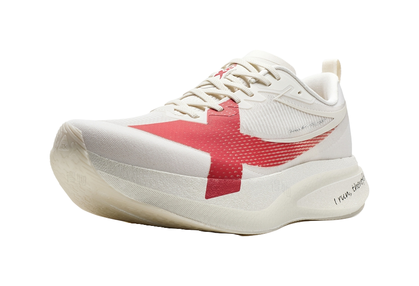 Low-top running shoe, white and red knit upper with lace-up closure and thick sole.