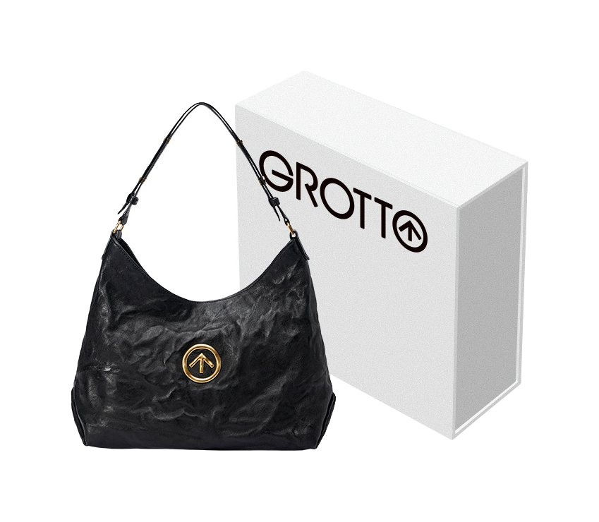 GROTTO black pleated sheepskin hobo bag with logo patch and crossbody strap