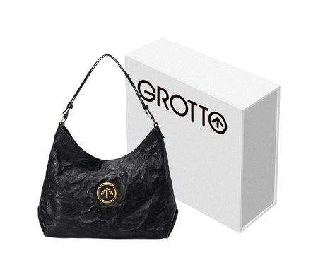 GROTTO black pleated sheepskin hobo bag with logo patch and crossbody strap
