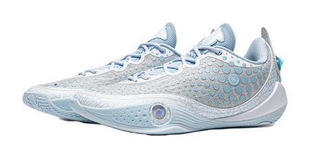 Ice blue low basketball shoe with lace-up front and decorative logo on side