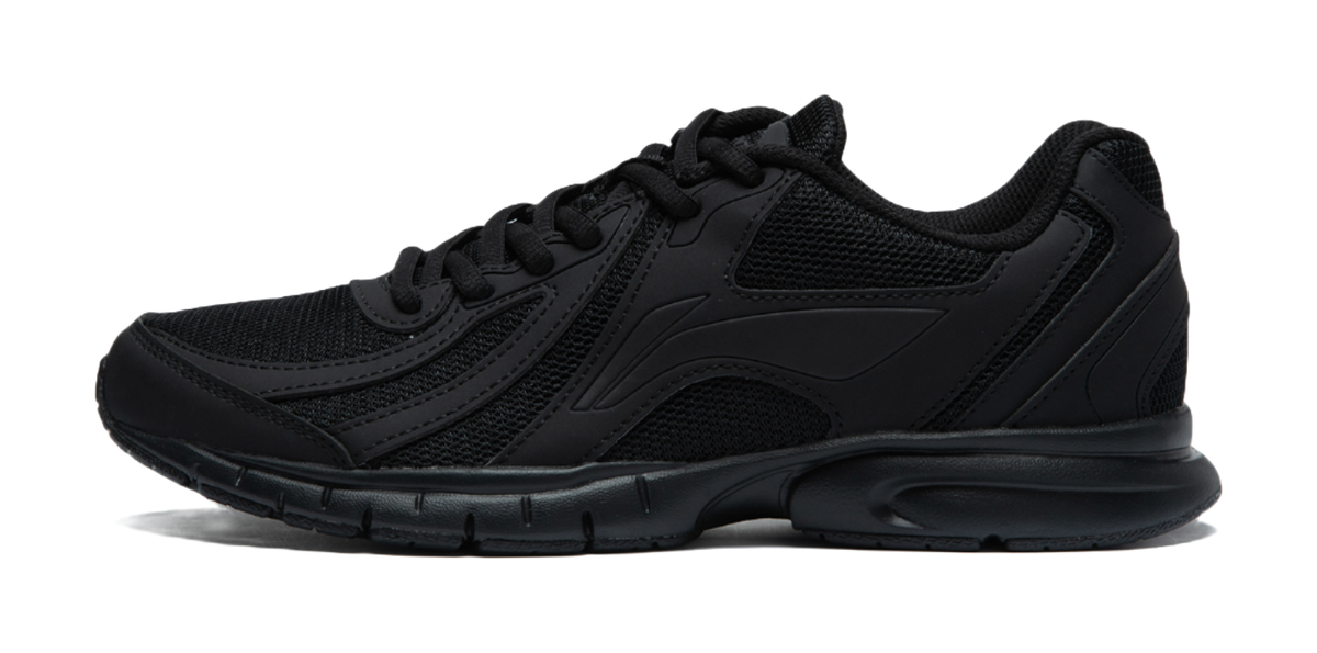 Black lightweight casual running shoe with lace-up front and textured mesh upper.