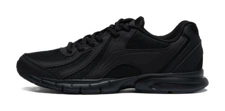 Black lightweight casual running shoe with lace-up front and textured mesh upper.