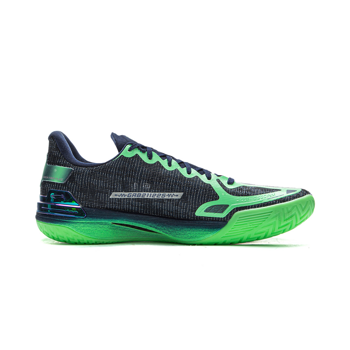 Basketball shoes, dark navy-black mesh upper with neon green trim and heel cushioning.