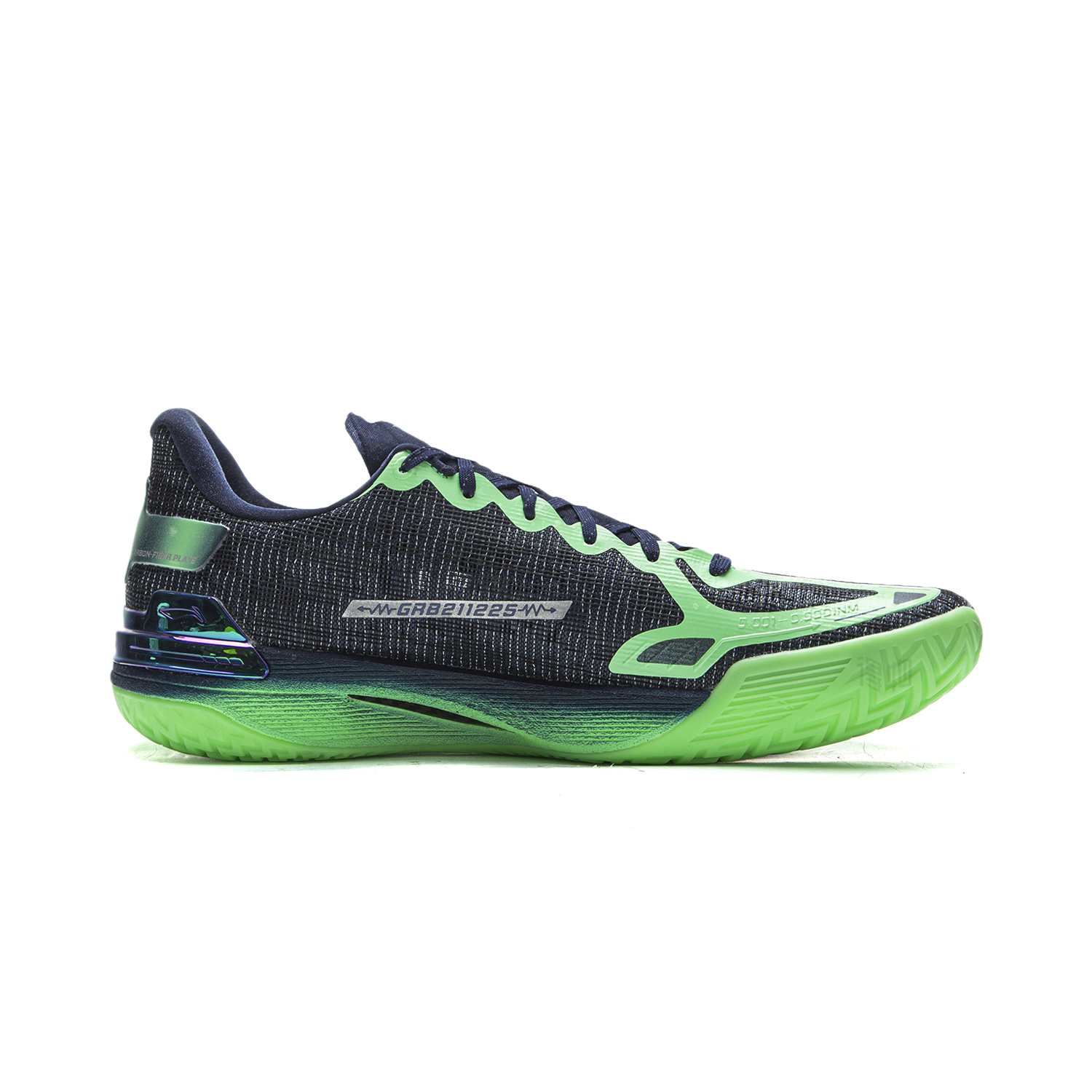 Basketball shoes, dark navy-black mesh upper with neon green trim and heel cushioning.