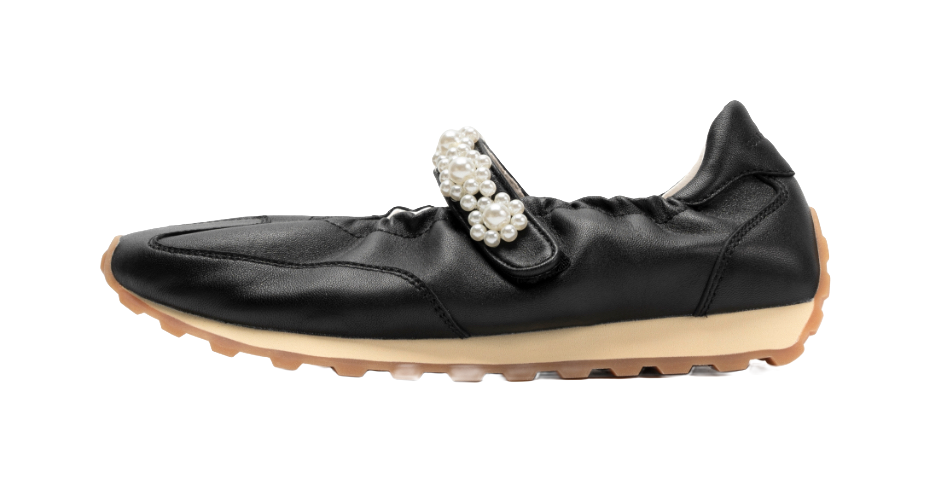 Black flat Mary Jane shoes with pearl beaded strap detail and tan rubber sole