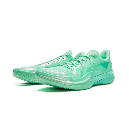 Basketball shoe front three-quarter view with mint-green laces and streamlined side logo.