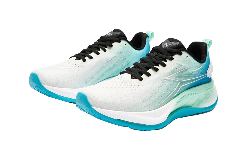 Pair of men's low-top running shoes, white upper with sea wave blue accents, black laces