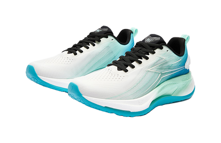 Pair of men's low-top running shoes, white upper with sea wave blue accents, black laces