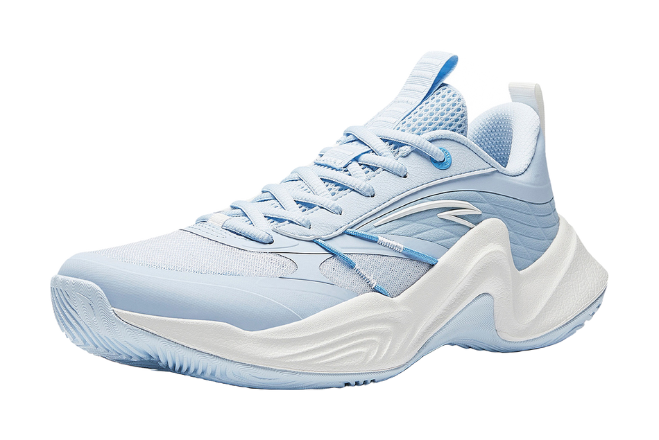 Unisex light-blue basketball shoes, side view with sculpted white midsole and laces.