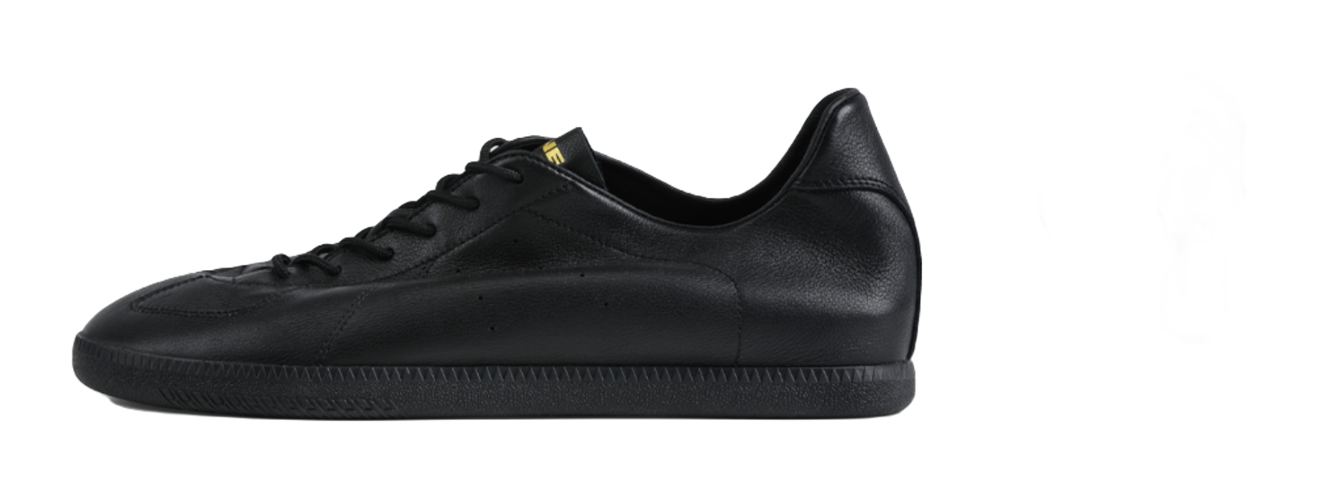 Black low-top training sneaker, side view, black laces and leather upper