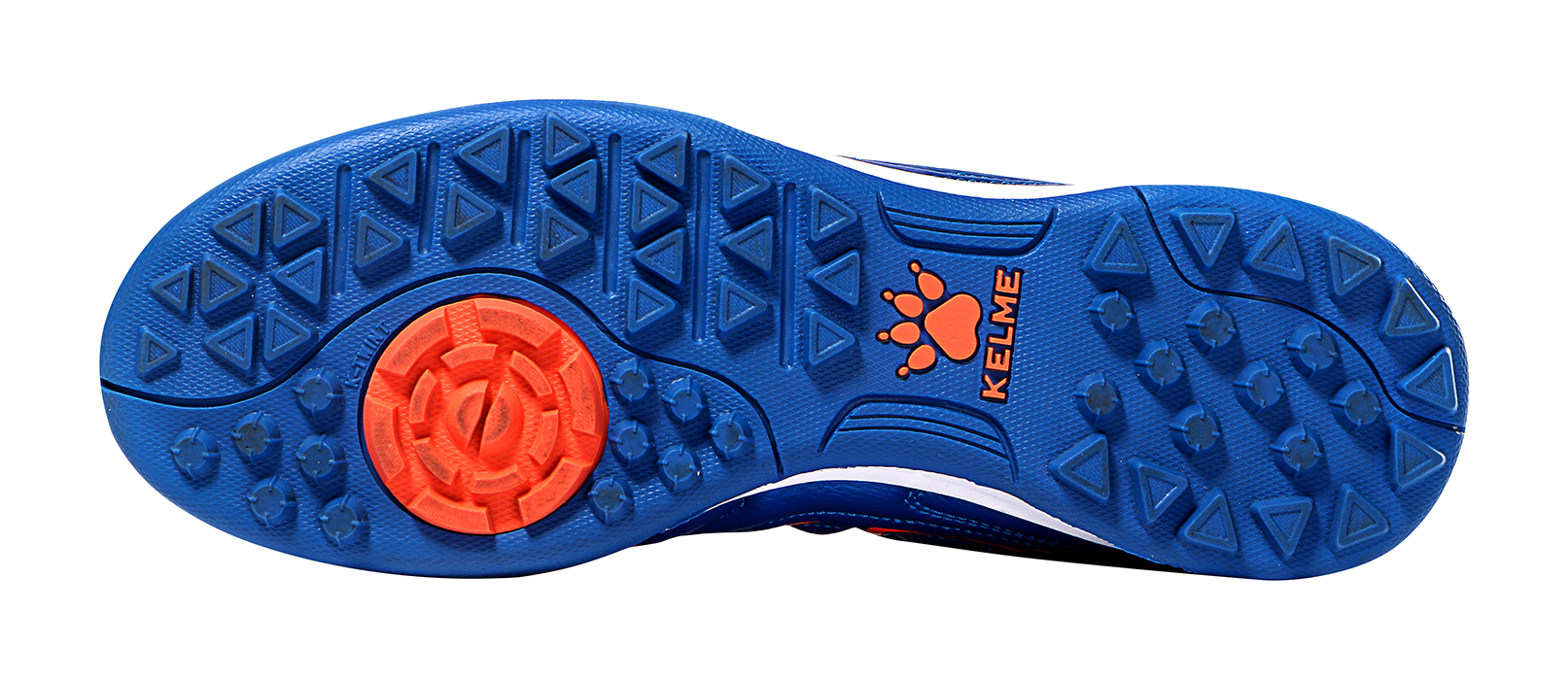 Kelme royal blue outsole with red traction insert and stud tread for turf