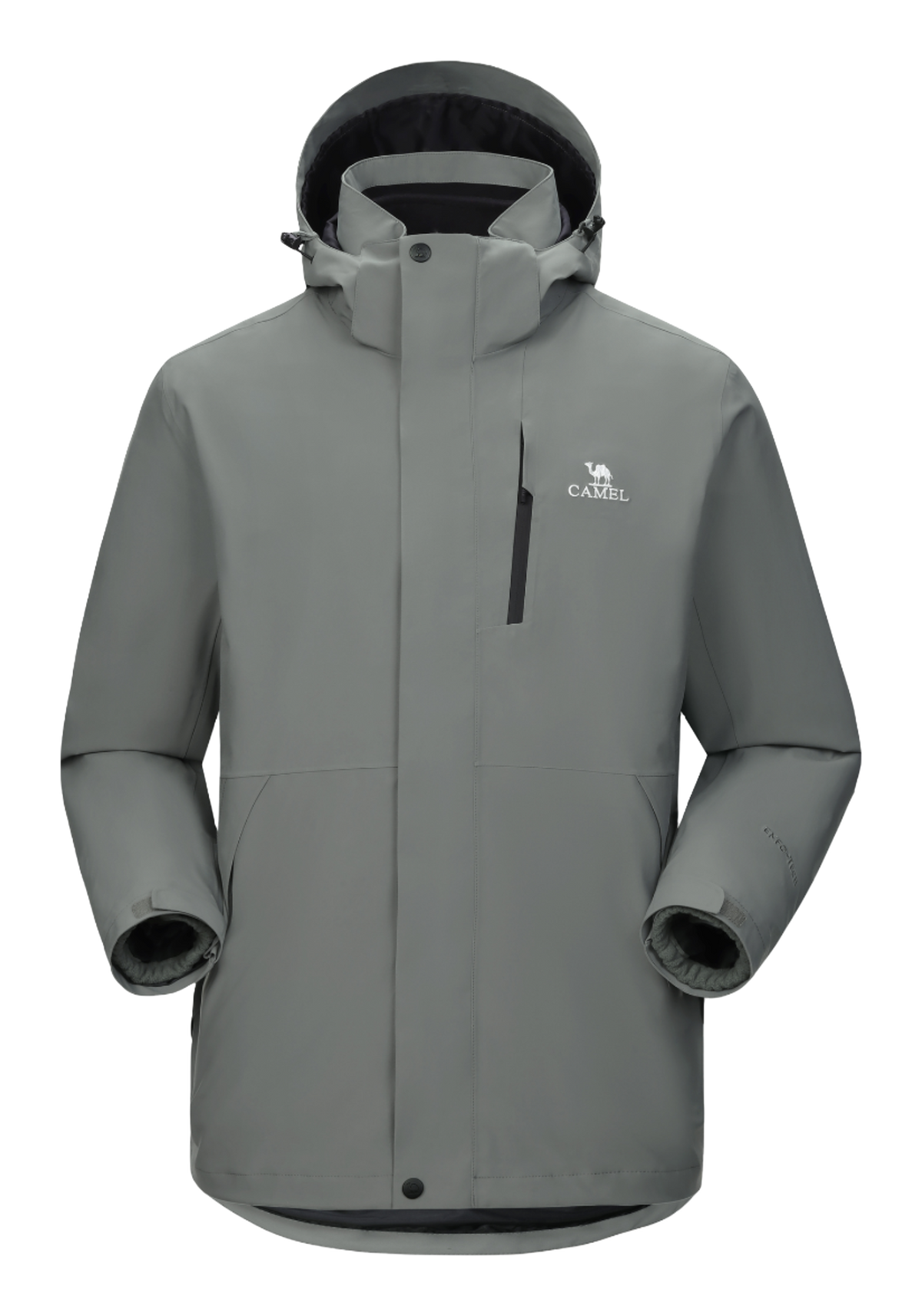 Light gray waterproof hooded jacket with front zipper and drawstring, long sleeves