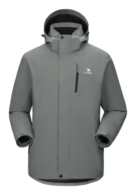 Light gray waterproof hooded jacket with front zipper and drawstring, long sleeves