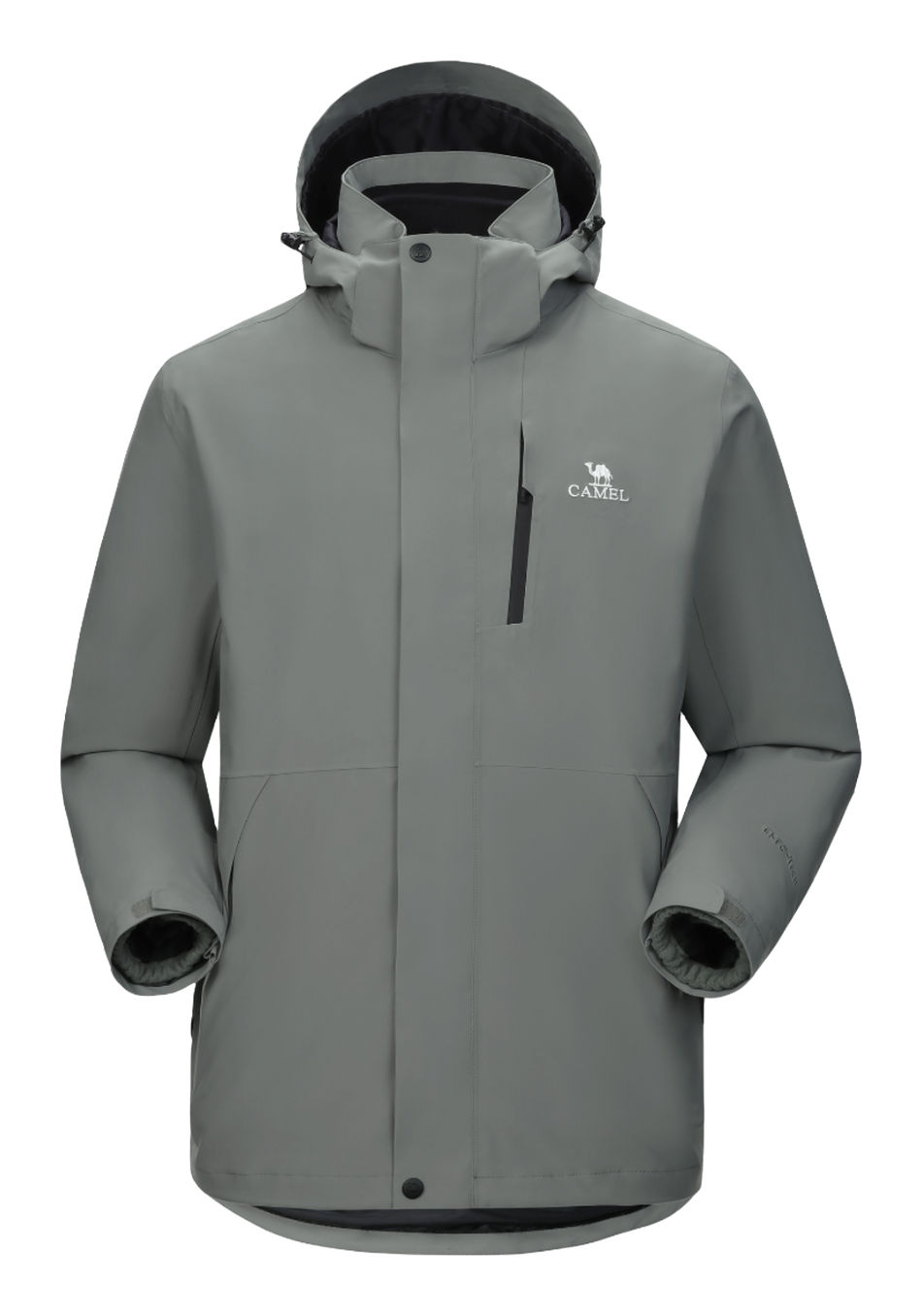 Light gray waterproof hooded jacket with front zipper and drawstring, long sleeves