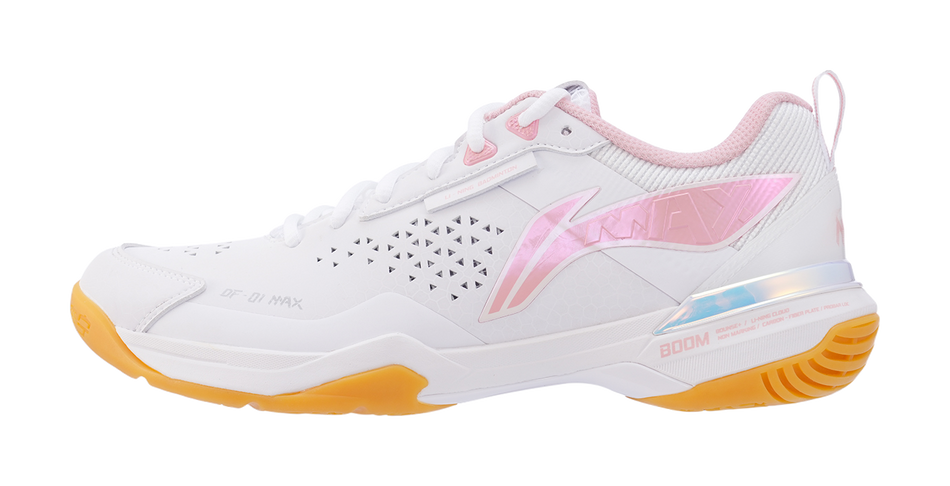 Li-Ning Blade Max unisex badminton shoe in white with pink accents, orange outsole