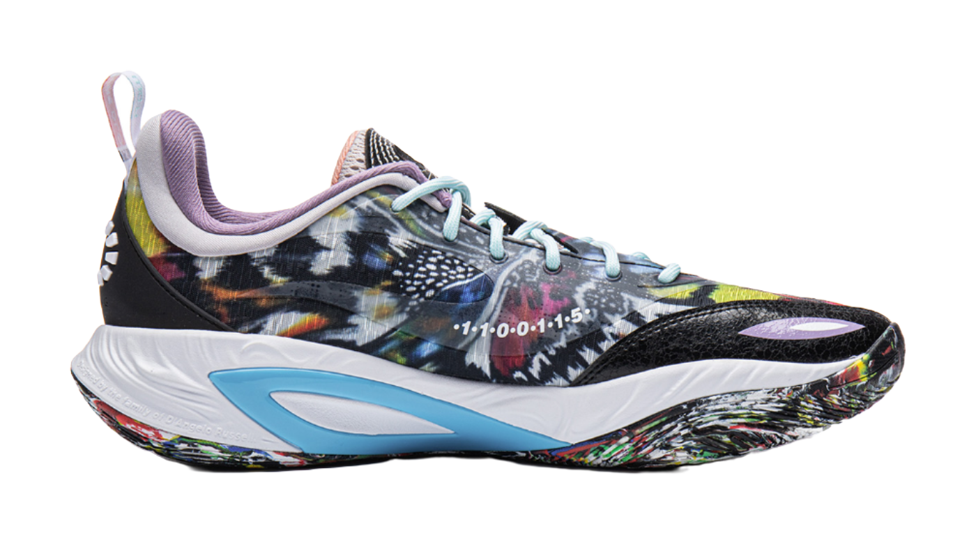 Basketball shoe side view, multicolor camo print, white sole, blue accent
