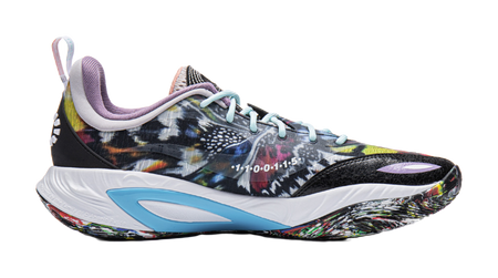Basketball shoe side view, multicolor camo print, white sole, blue accent