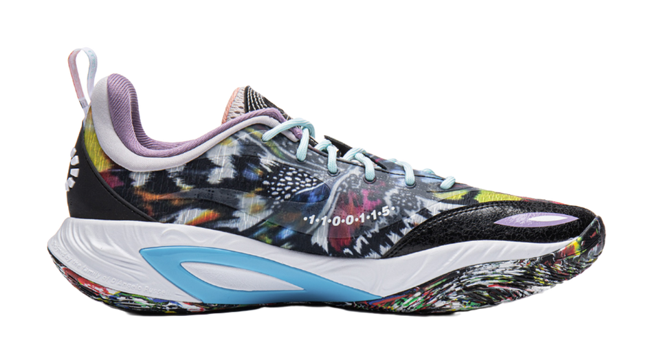 Basketball shoe side view, multicolor camo print, white sole, blue accent