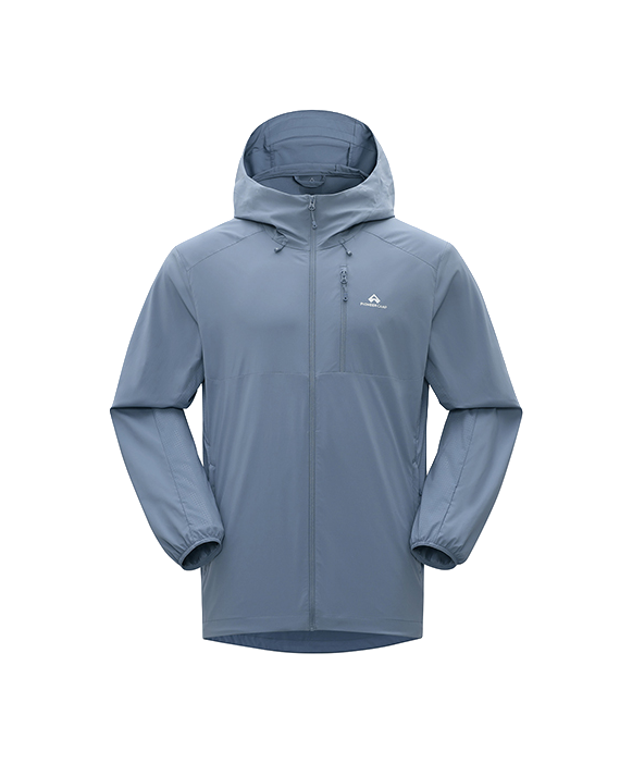 Men's hooded sun jacket in dusty blue with full-length front zipper