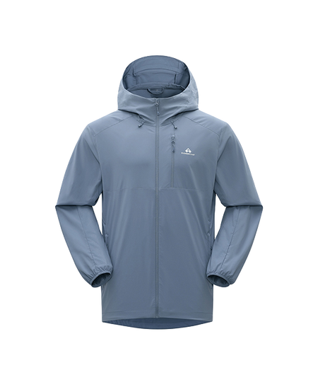 Men's hooded sun jacket in dusty blue with full-length front zipper