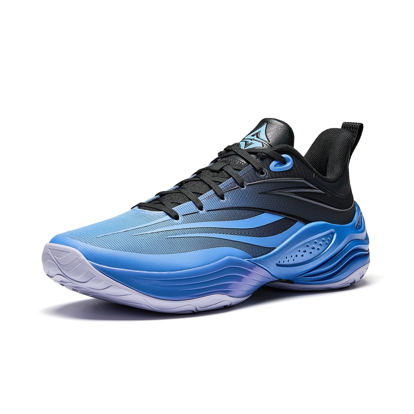 Blue basketball shoe with black upper and supportive heel counter, lace-up design
