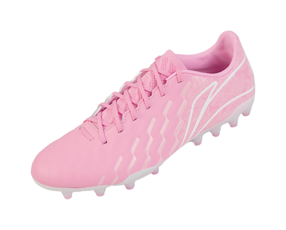Pink soccer cleat, top and toe view with lace-up closure and side graphics