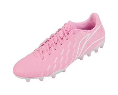 Pink soccer cleat, top and toe view with lace-up closure and side graphics