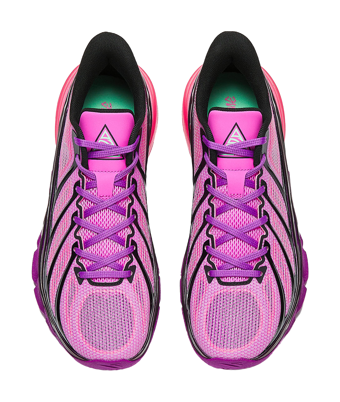 Pair of low-top basketball shoes with fluorescent rose laces and textured mesh uppers.