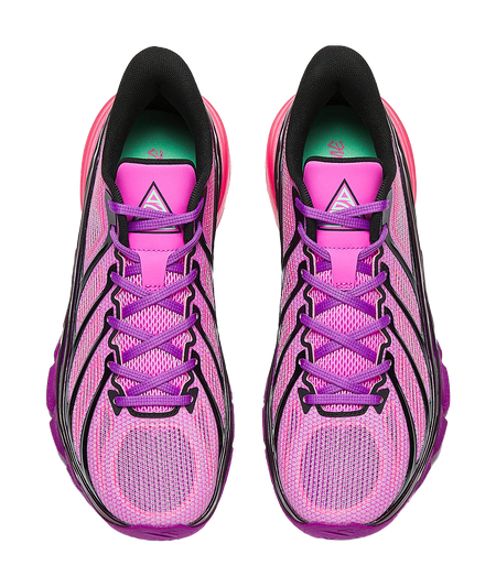 Pair of low-top basketball shoes with fluorescent rose laces and textured mesh uppers.