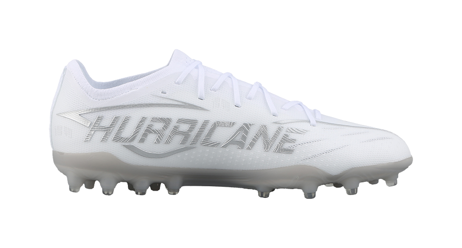 White silvery soccer cleat with textured upper, front side view.